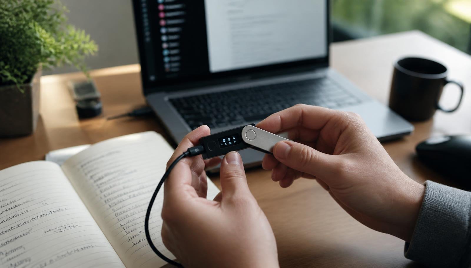 Pessoa segurando uma carteira física de criptomoedas conectada por cabo, com notebook e caderno de anotações sobre a mesa