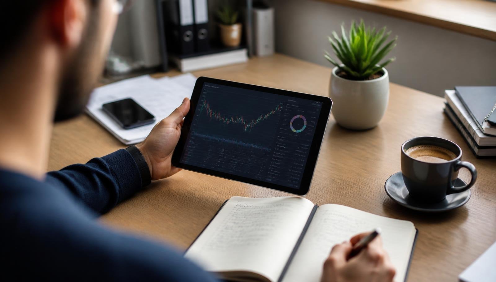 Como definir o percentual da carteira exposto ao dólar Investidor analisa a composição de uma carteira diversificada em um tablet, com caderno de anotações sobre a mesa
