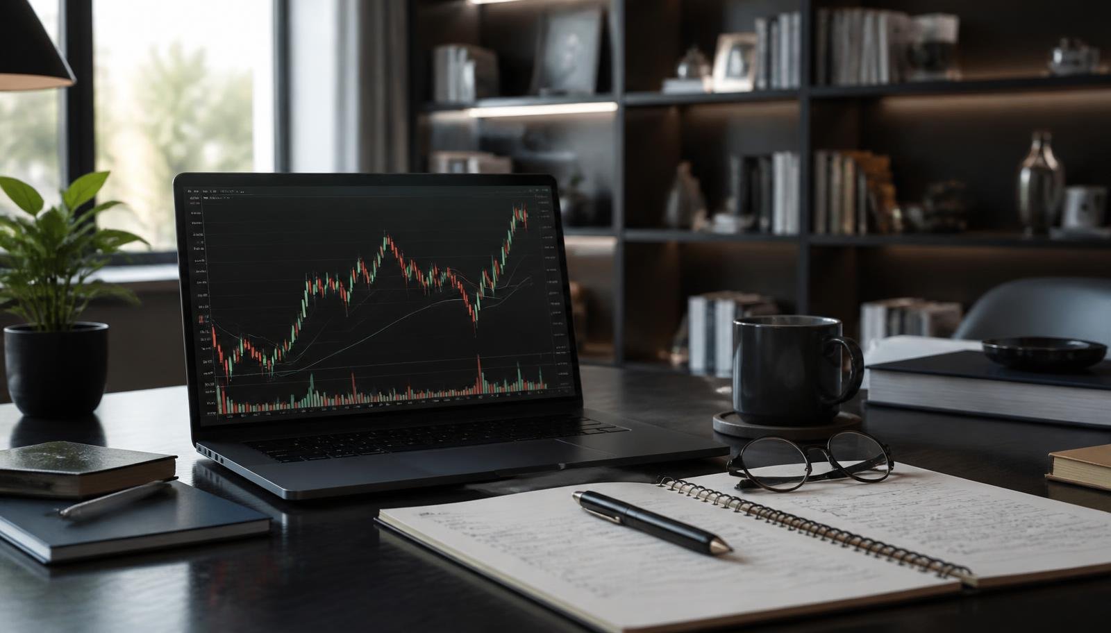 Como investir em ações na Bolsa de Valores brasileira Notebook exibindo gráfico de candles do mercado de ações sobre mesa escura, com caderno de anotações, óculos e xícara de café