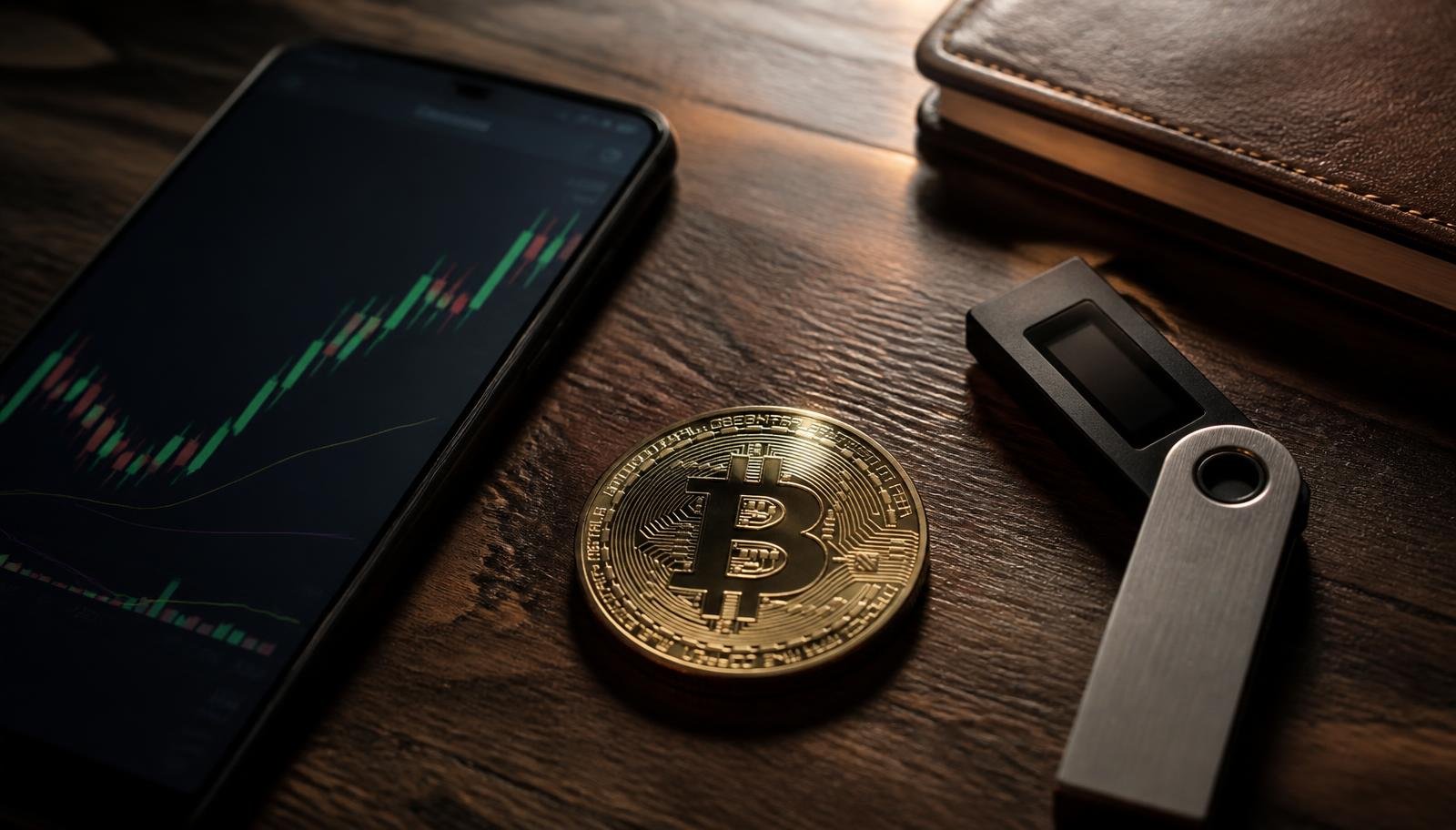 Moeda física representando o bitcoin sobre mesa de madeira escura, ao lado de um smartphone com gráfico de cotação e uma carteira física de criptomoedas