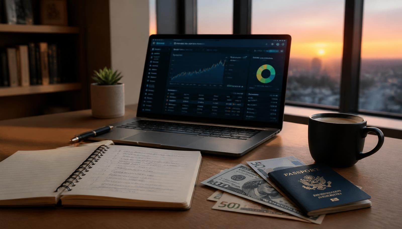Como investir no exterior a partir do Brasil Mesa de escritório com notebook exibindo uma carteira de investimentos, caderno de anotações, passaporte e notas de dólar e euro ao entardecer