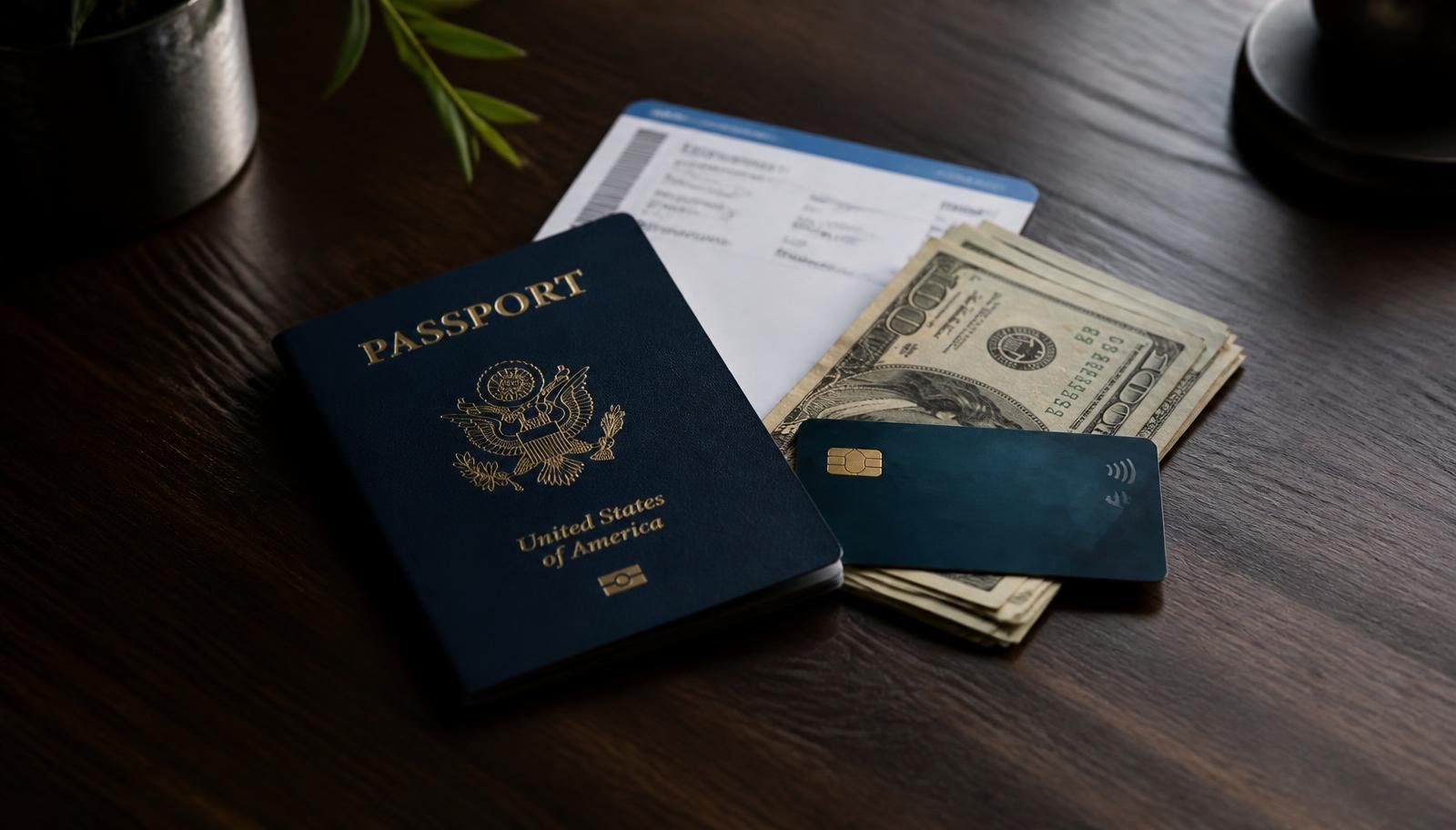 Comprar dólar para viagem: espécie, cartão e conta internacional Passaporte, cartão de embarque, cartão internacional e notas de dólar americano sobre mesa de madeira escura