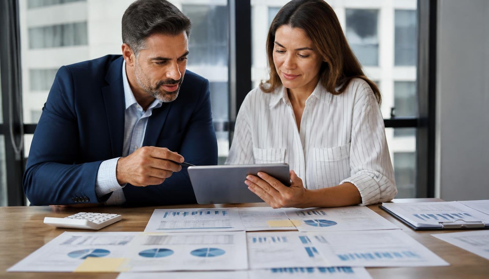 Como comparar BDRs, ETFs e conta internacional na montagem da carteira Dois investidores analisando relatórios impressos de carteira internacional e um tablet com a composição da alocação em ativos globais