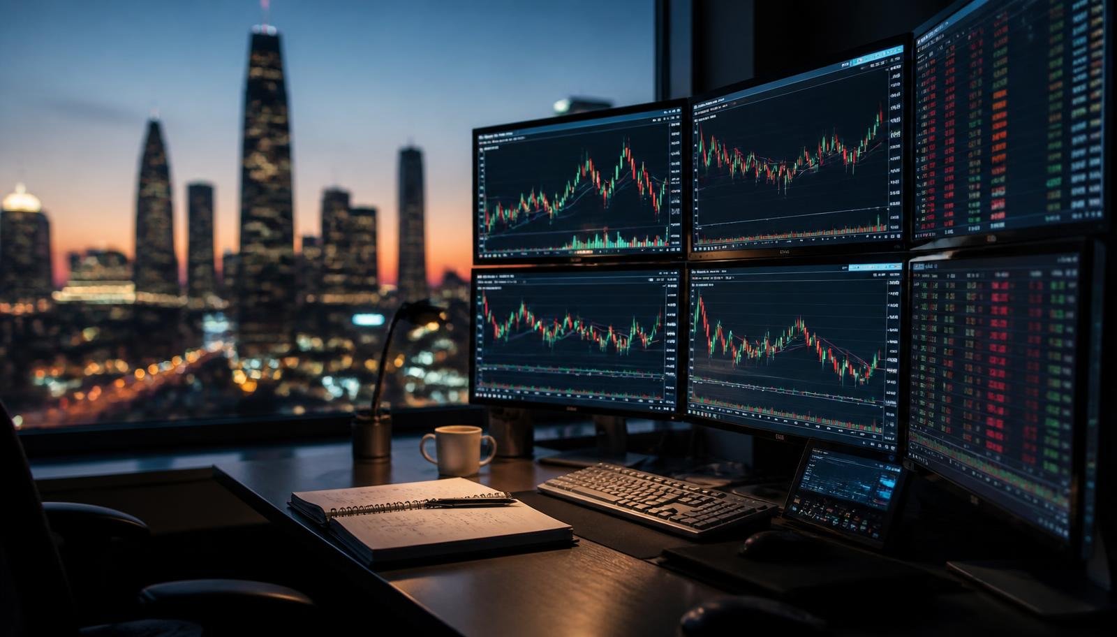 Mesa de operações com vários monitores exibindo gráficos de candles de pares de moedas e skyline urbano ao entardecer
