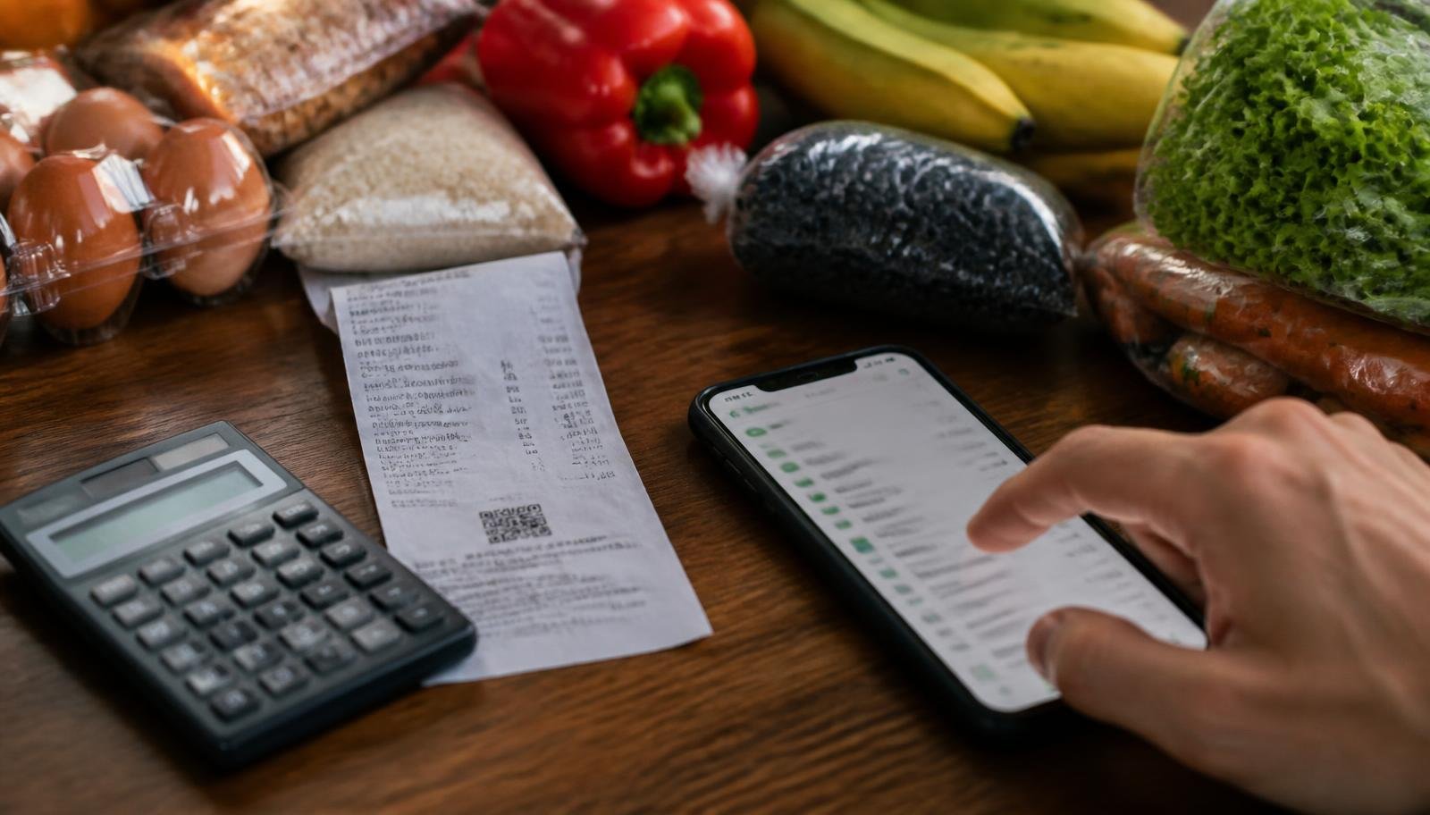 Compras de supermercado sobre uma mesa de madeira ao lado de cupom fiscal, calculadora e celular com aplicativo financeiro