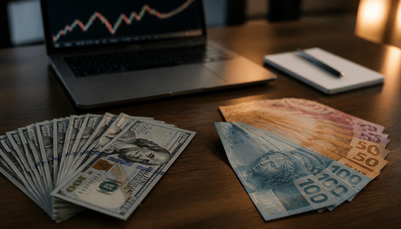 Como investir em dólar e fazer proteção cambial no Brasil Notas de dólar americano e de real brasileiro sobre uma mesa de madeira, com um notebook exibindo um gráfico de cotação ao fundo