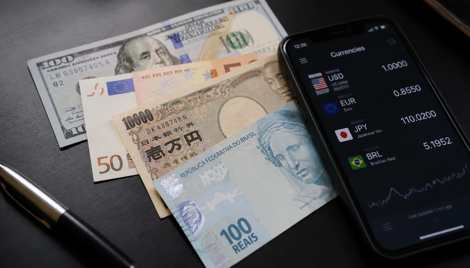 Notas de dólar, euro, iene e real sobre mesa escura ao lado de smartphone exibindo cotações de moedas