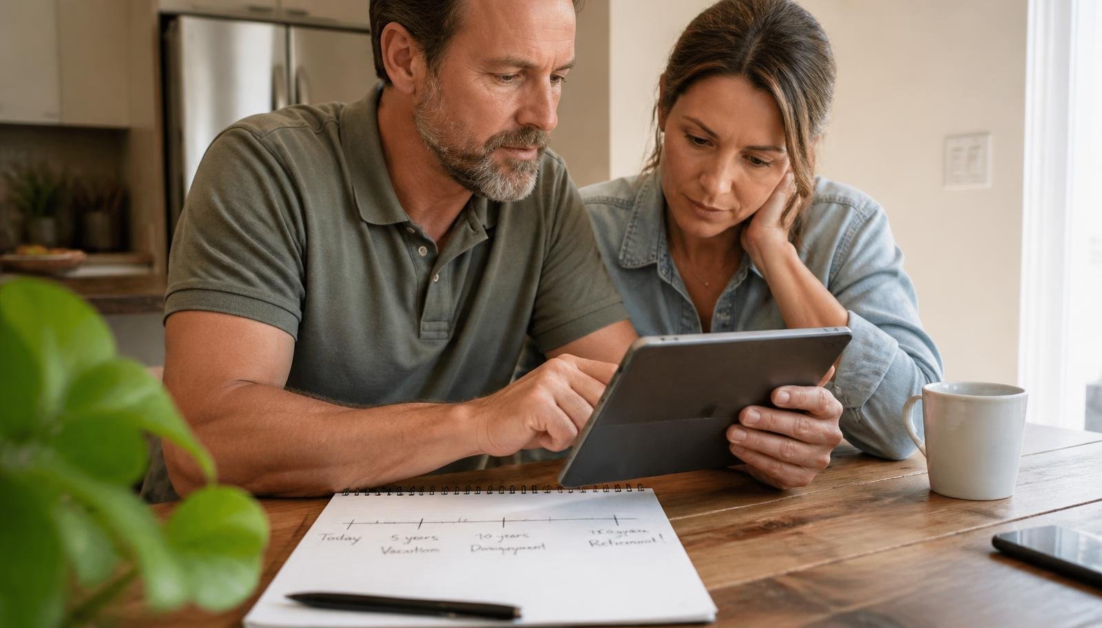 Casal analisando planejamento financeiro de longo prazo em um tablet, com anotações e linha do tempo desenhada em um caderno sobre a mesa