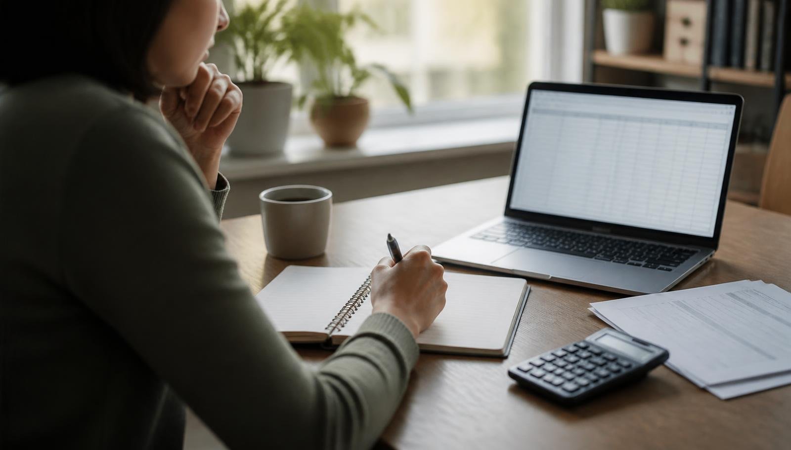 Mulher revisando planejamento financeiro em um caderno, com notebook exibindo planilha, calculadora e documentos sobre a mesa