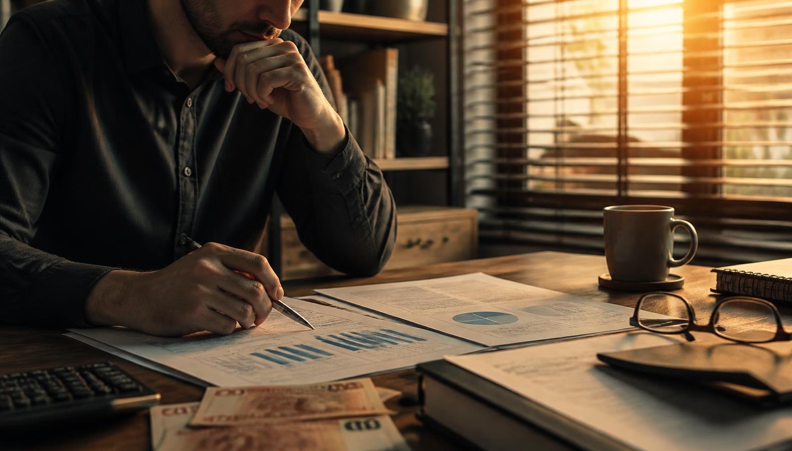 Pessoa analisando relatórios financeiros impressos sobre uma mesa de madeira, com calculadora, óculos e notas de real, em luz natural