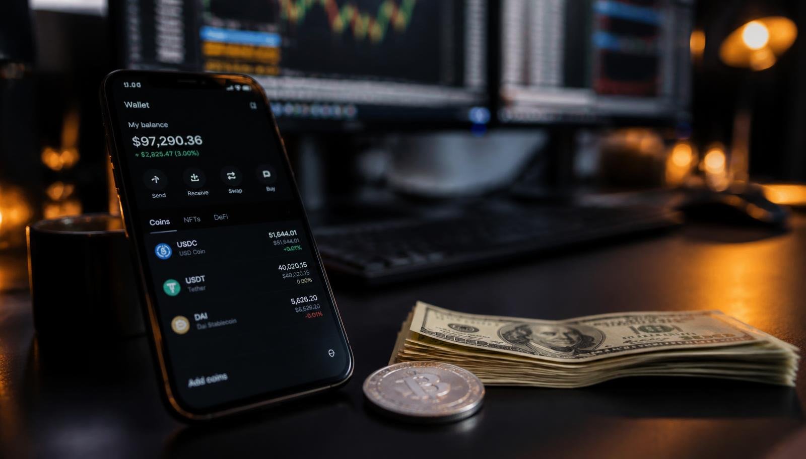 Stablecoins e o dólar digital no mercado de criptomoedas Smartphone exibindo carteira digital com saldo em stablecoins ao lado de notas de dólar americano sobre mesa escura de escritório