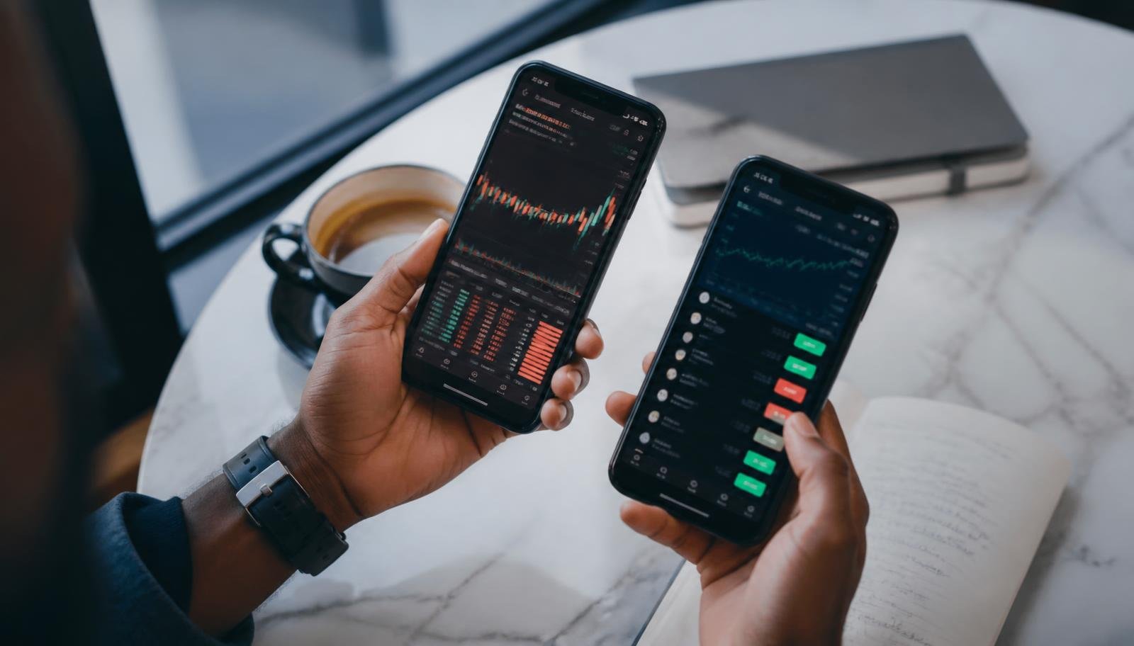 Como comparar stablecoins, reservas e riscos antes de usar Pessoa comparando duas telas de aplicativos de corretora de criptomoedas em uma mesa de mármore, com xícara de café e caderno de anotações