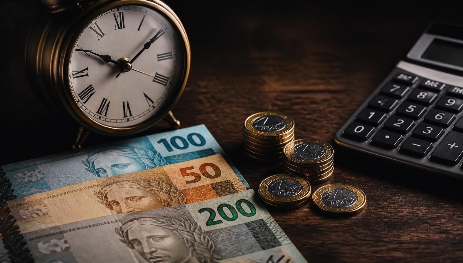 Notas e moedas de real brasileiro ao lado de um relógio analógico e uma calculadora sobre mesa de madeira escura